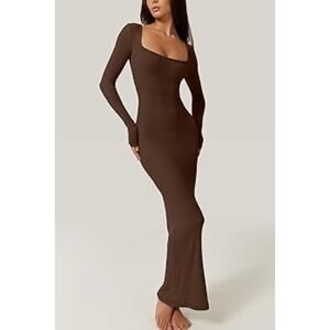 Qinsen Long Sleeve Brown Ribbed Square Neck Maxi Dress Women's Small Feminine